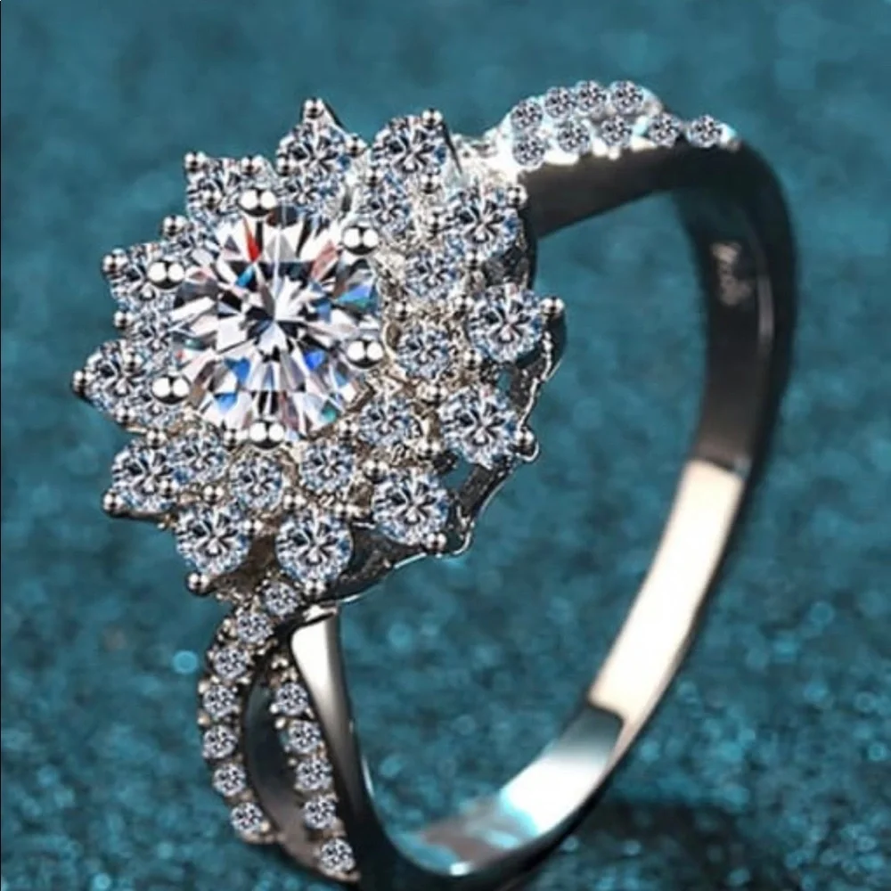 Sterling Silver Moissanite White Flower Engagement Ring - Picture 1 of 10